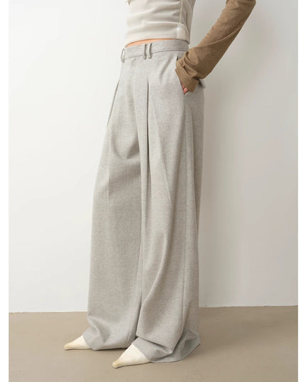 "City Stroll" Relaxed Wool-Blend Double-Pleated Straight Draped Wide-Leg Casual