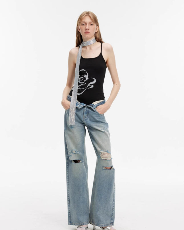 "Gray and Denim" Stylish Washed Retro Distressed Holes Straight Flared Jeans