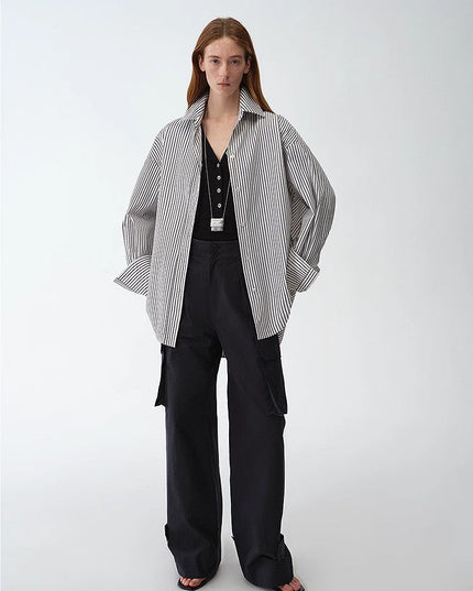 "Striped Fantasy" Casual Asymmetric Slanted Front Two-Wear Long Sleeve Shirt