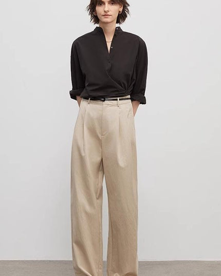Spliced Double-Pleat Wide-Leg Trousers Straight-Leg Trousers for Women