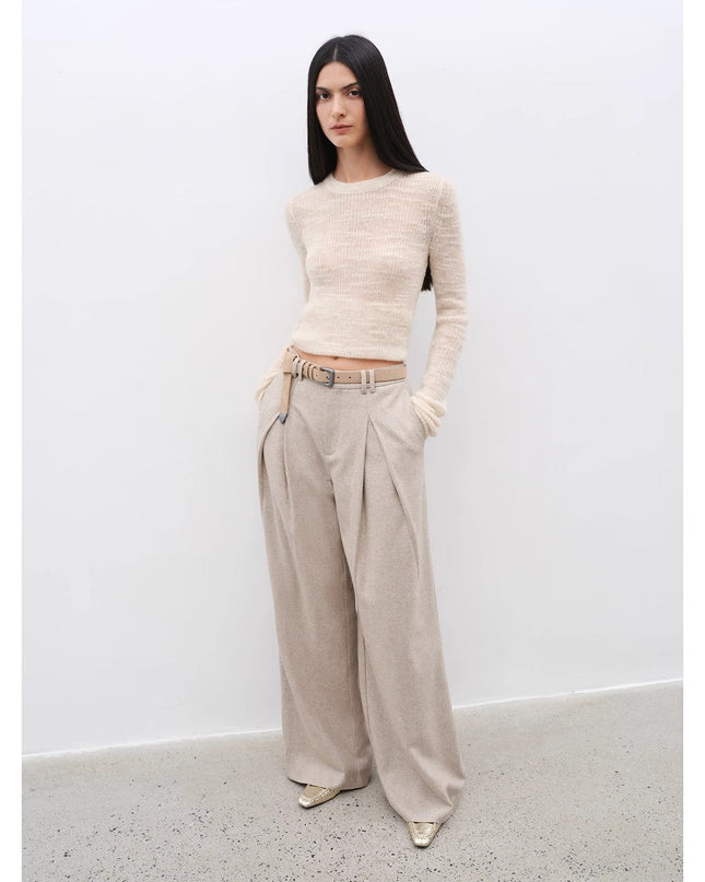 "City Stroll" Relaxed Wool-Blend Double-Pleated Straight Draped Wide-Leg Casual