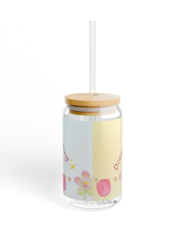 Motivational Sipper Glass - 16oz, Positive Vibes Drinkware, Inspirational Gifts, Self-Care Essentials, Floral Design, Eco-Friendly Glass