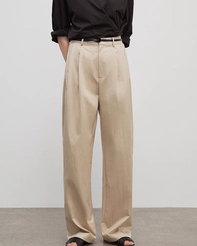 Spliced Double-Pleat Wide-Leg Trousers Straight-Leg Trousers for Women