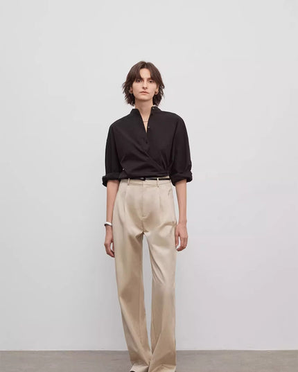 Spliced Double-Pleat Wide-Leg Trousers Straight-Leg Trousers for Women