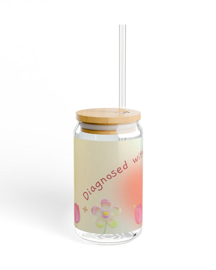 Motivational Sipper Glass - 16oz, Positive Vibes Drinkware, Inspirational Gifts, Self-Care Essentials, Floral Design, Eco-Friendly Glass