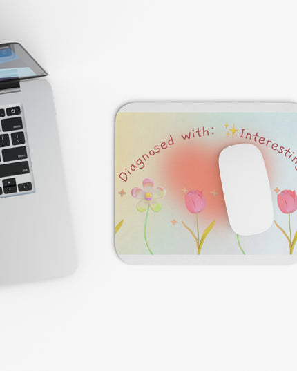 Rectangle Mouse Pad, Diagnosed with Interesting, Floral Design, Workspace Accessory, Gift for Students, Professionals, Home Office Decor