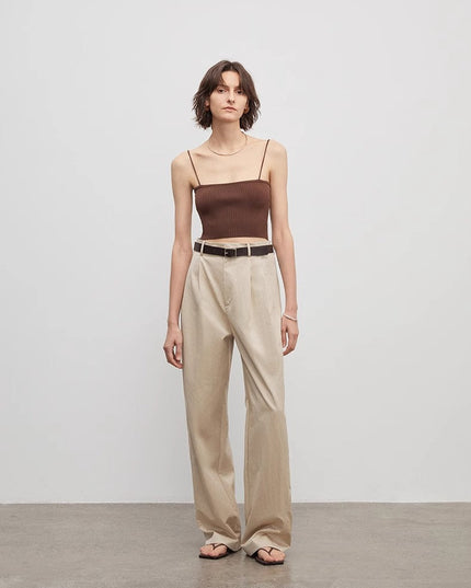 Spliced Double-Pleat Wide-Leg Trousers Straight-Leg Trousers for Women