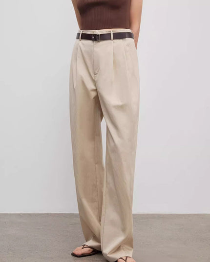 Spliced Double-Pleat Wide-Leg Trousers Straight-Leg Trousers for Women