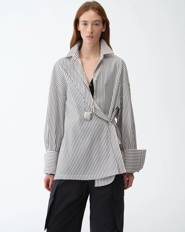 "Striped Fantasy" Casual Asymmetric Slanted Front Two-Wear Long Sleeve Shirt