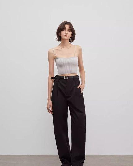 Spliced Double-Pleat Wide-Leg Trousers Straight-Leg Trousers for Women