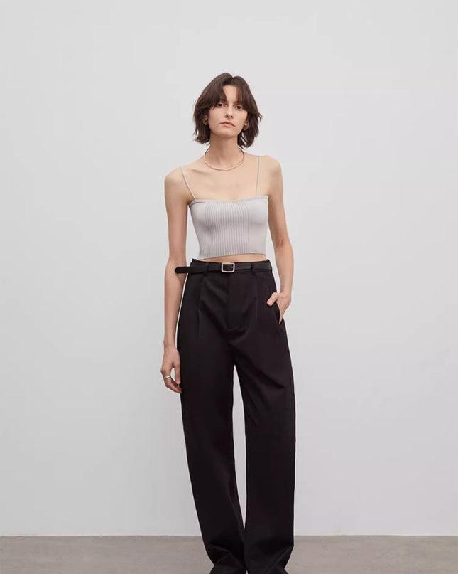 Spliced Double-Pleat Wide-Leg Trousers Straight-Leg Trousers for Women