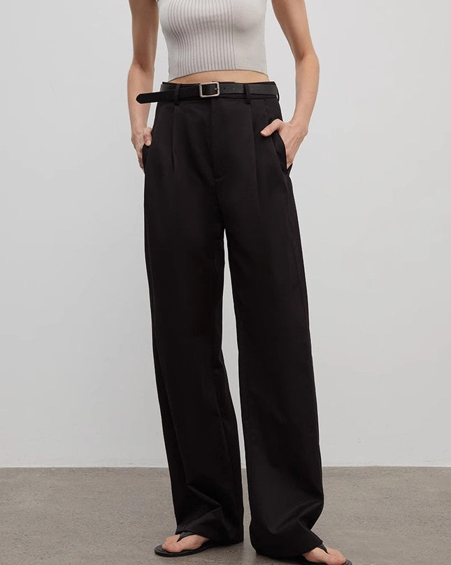 Spliced Double-Pleat Wide-Leg Trousers Straight-Leg Trousers for Women