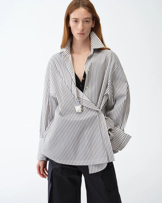 "Striped Fantasy" Casual Asymmetric Slanted Front Two-Wear Long Sleeve Shirt