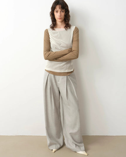 "City Stroll" Relaxed Wool-Blend Double-Pleated Straight Draped Wide-Leg Casual