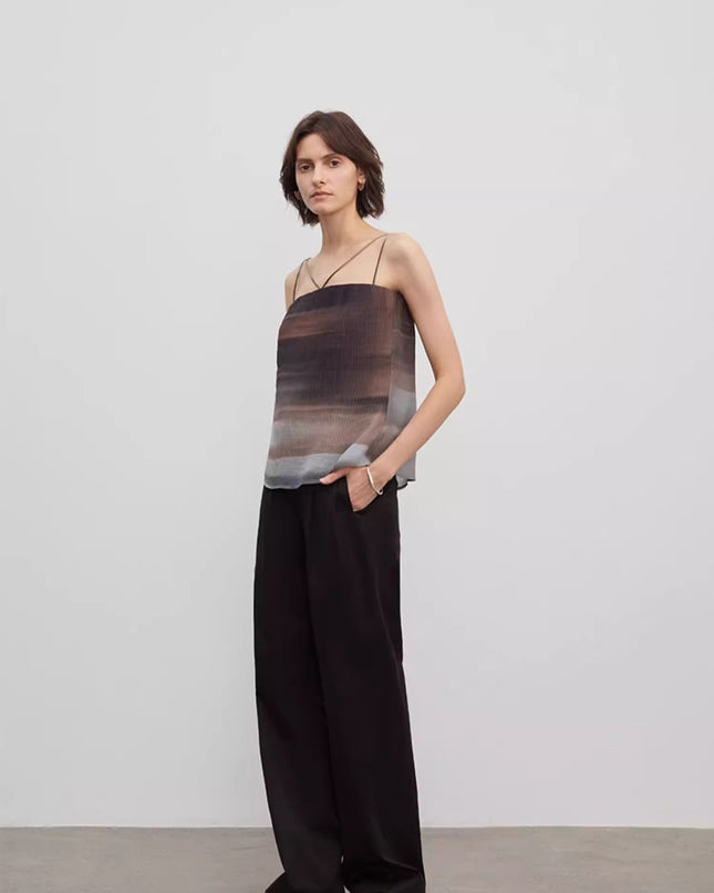 Spliced Double-Pleat Wide-Leg Trousers Straight-Leg Trousers for Women