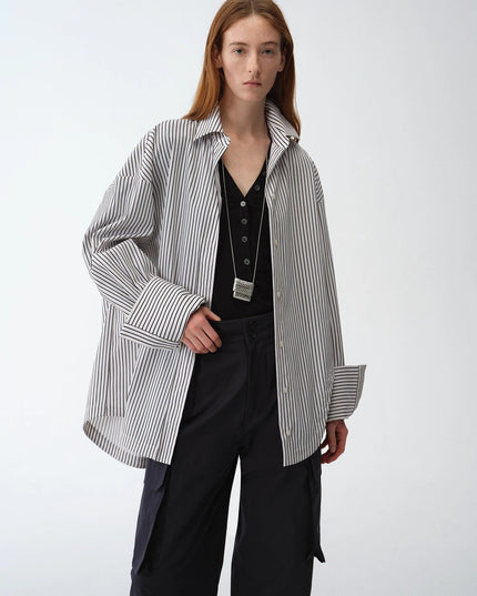 "Striped Fantasy" Casual Asymmetric Slanted Front Two-Wear Long Sleeve Shirt
