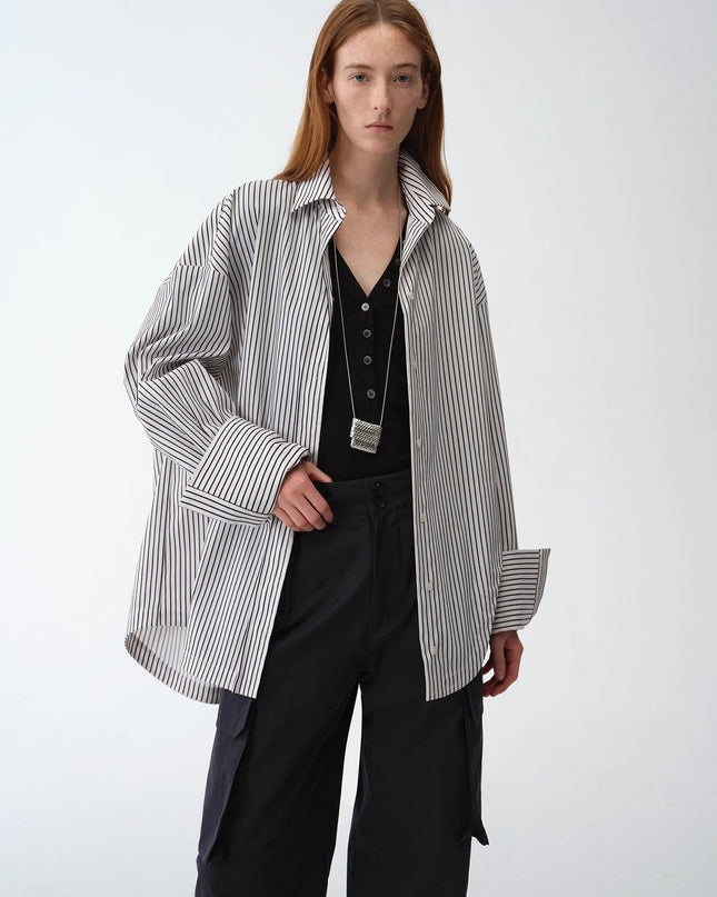 "Striped Fantasy" Casual Asymmetric Slanted Front Two-Wear Long Sleeve Shirt