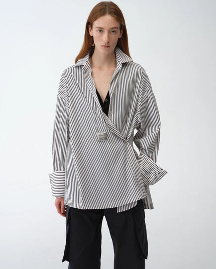 "Striped Fantasy" Casual Asymmetric Slanted Front Two-Wear Long Sleeve Shirt