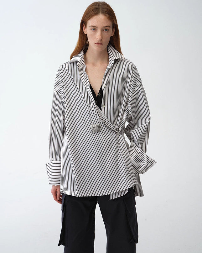 "Striped Fantasy" Casual Asymmetric Slanted Front Two-Wear Long Sleeve Shirt