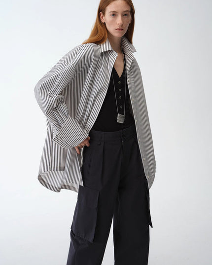 "Striped Fantasy" Casual Asymmetric Slanted Front Two-Wear Long Sleeve Shirt