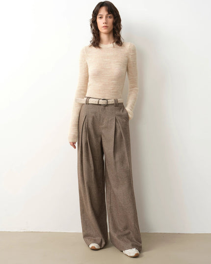 "City Stroll" Relaxed Wool-Blend Double-Pleated Straight Draped Wide-Leg Casual