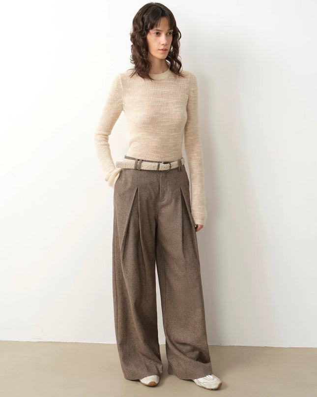 "City Stroll" Relaxed Wool-Blend Double-Pleated Straight Draped Wide-Leg Casual