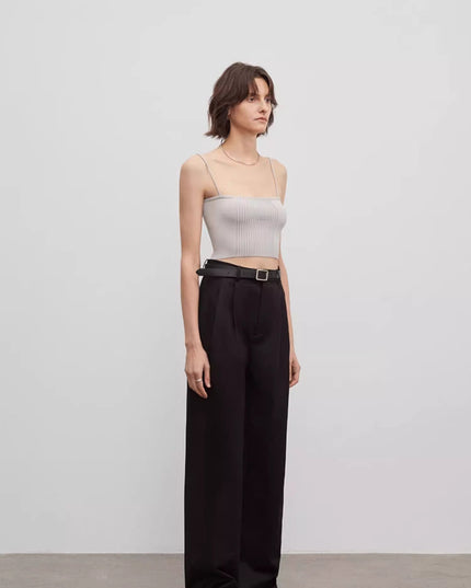 Spliced Double-Pleat Wide-Leg Trousers Straight-Leg Trousers for Women