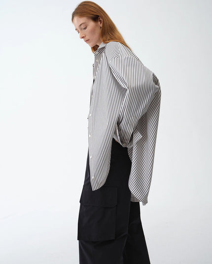"Striped Fantasy" Casual Asymmetric Slanted Front Two-Wear Long Sleeve Shirt