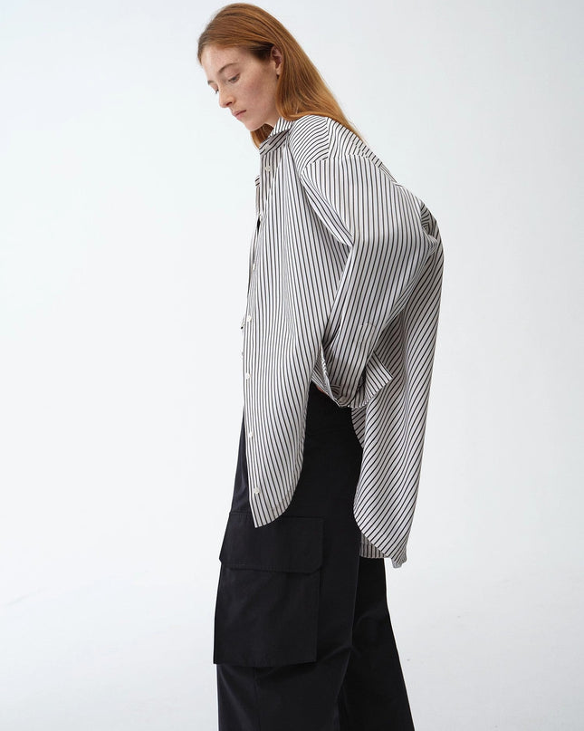 "Striped Fantasy" Casual Asymmetric Slanted Front Two-Wear Long Sleeve Shirt