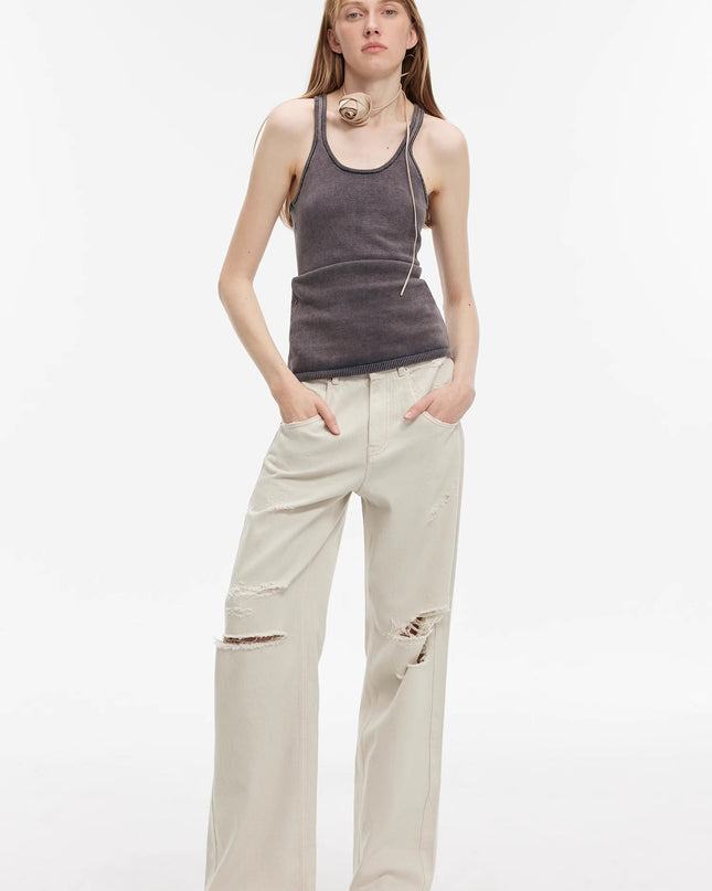 "Gray and Denim" Stylish Washed Retro Distressed Holes Straight Flared Jeans