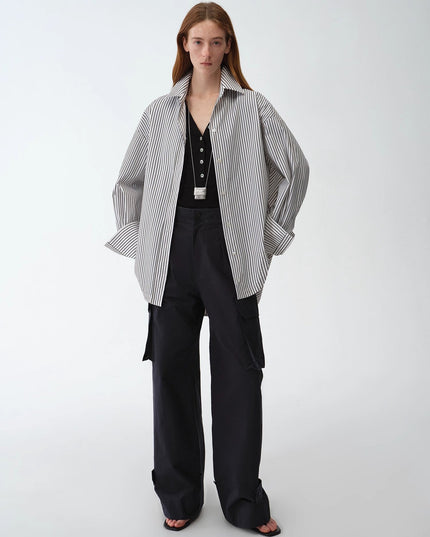 "Striped Fantasy" Casual Asymmetric Slanted Front Two-Wear Long Sleeve Shirt