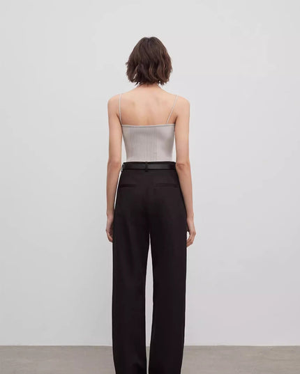 Spliced Double-Pleat Wide-Leg Trousers Straight-Leg Trousers for Women