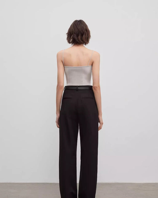 Spliced Double-Pleat Wide-Leg Trousers Straight-Leg Trousers for Women
