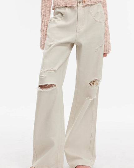 "Gray and Denim" Stylish Washed Retro Distressed Holes Straight Flared Jeans