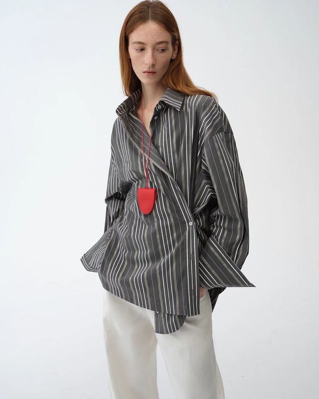 "Striped Fantasy" Casual Asymmetric Slanted Front Two-Wear Long Sleeve Shirt