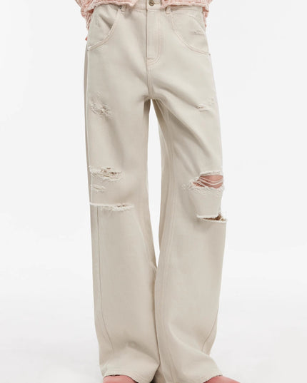 "Gray and Denim" Stylish Washed Retro Distressed Holes Straight Flared Jeans