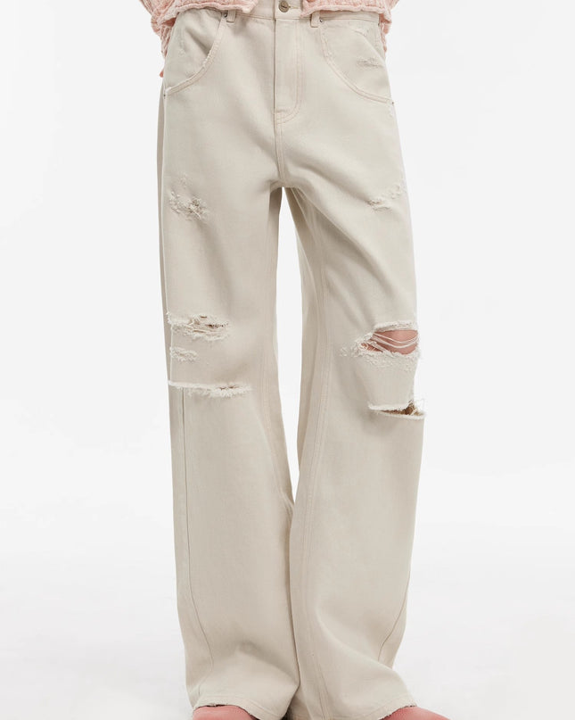 "Gray and Denim" Stylish Washed Retro Distressed Holes Straight Flared Jeans