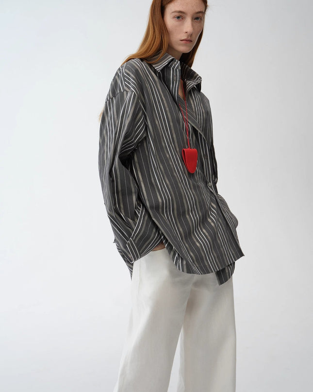 "Striped Fantasy" Casual Asymmetric Slanted Front Two-Wear Long Sleeve Shirt