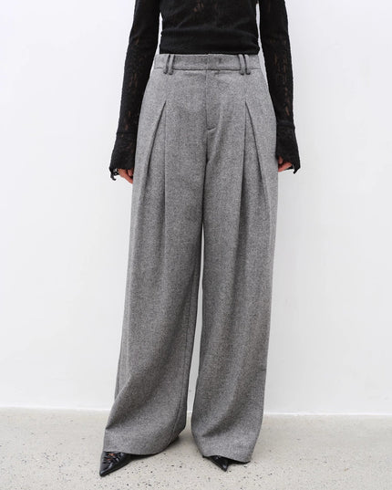 "City Stroll" Relaxed Wool-Blend Double-Pleated Straight Draped Wide-Leg Casual
