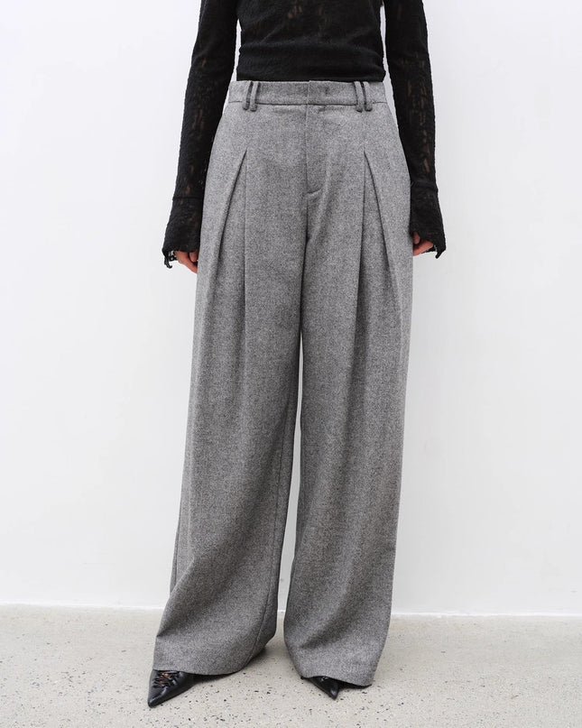 "City Stroll" Relaxed Wool-Blend Double-Pleated Straight Draped Wide-Leg Casual