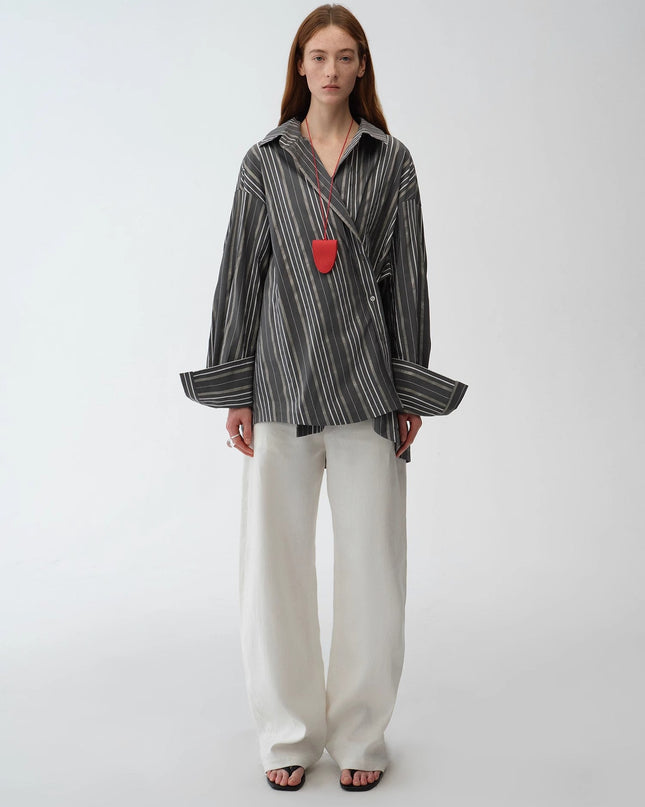 "Striped Fantasy" Casual Asymmetric Slanted Front Two-Wear Long Sleeve Shirt