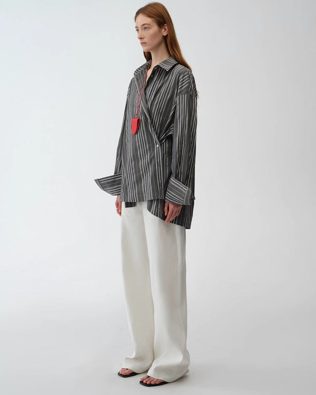 "Striped Fantasy" Casual Asymmetric Slanted Front Two-Wear Long Sleeve Shirt