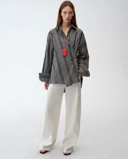 "Striped Fantasy" Casual Asymmetric Slanted Front Two-Wear Long Sleeve Shirt