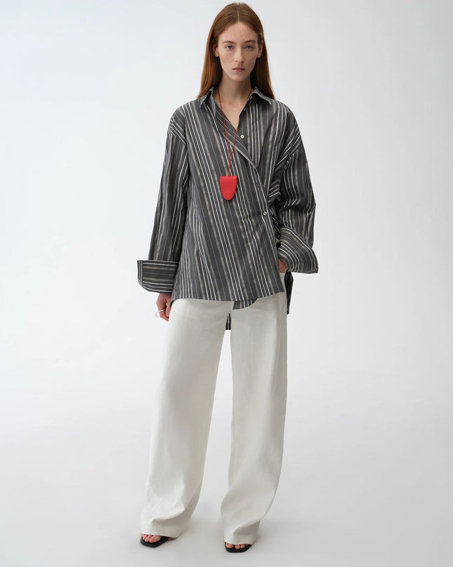"Striped Fantasy" Casual Asymmetric Slanted Front Two-Wear Long Sleeve Shirt