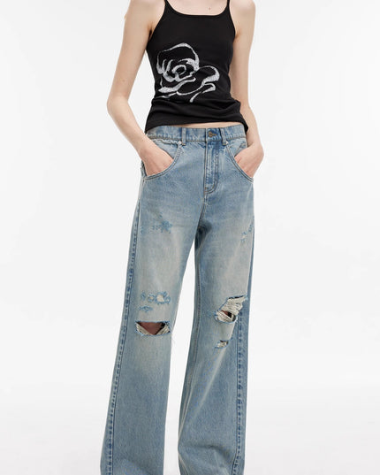 "Gray and Denim" Stylish Washed Retro Distressed Holes Straight Flared Jeans