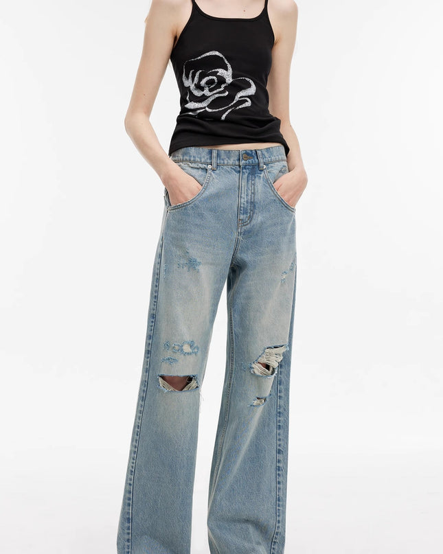 "Gray and Denim" Stylish Washed Retro Distressed Holes Straight Flared Jeans