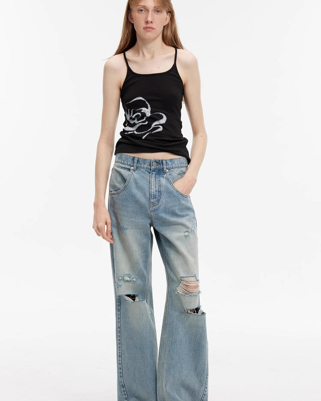 "Gray and Denim" Stylish Washed Retro Distressed Holes Straight Flared Jeans