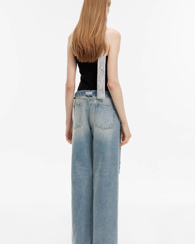 "Gray and Denim" Stylish Washed Retro Distressed Holes Straight Flared Jeans