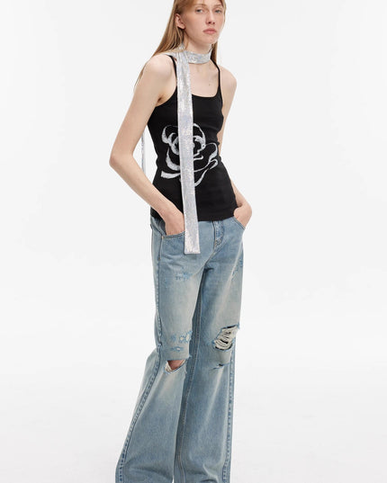 "Gray and Denim" Stylish Washed Retro Distressed Holes Straight Flared Jeans