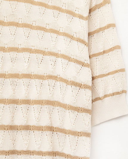 Beige Openwork Knit Top With Short Sleeves and Gold Stripes